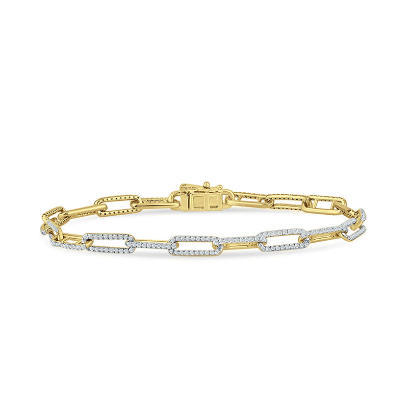 14K Gold 7" Paperclip Link Chain 4mm Round Natural Diamond Bracelet