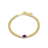 14K Yellow Gold Oval Amethyst Cluster Natural Diamond Cuban Link Chain Bracelet