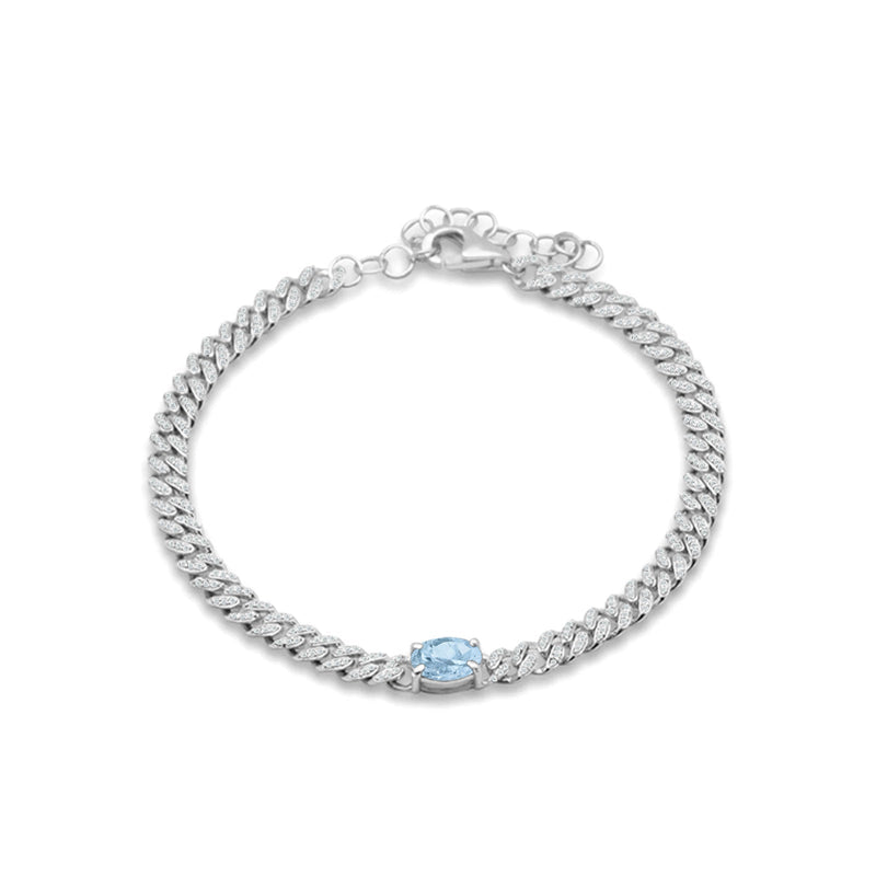 14K White Gold Oval Aquamarine Cluster Natural Diamond Cuban Link Chain Bracelet