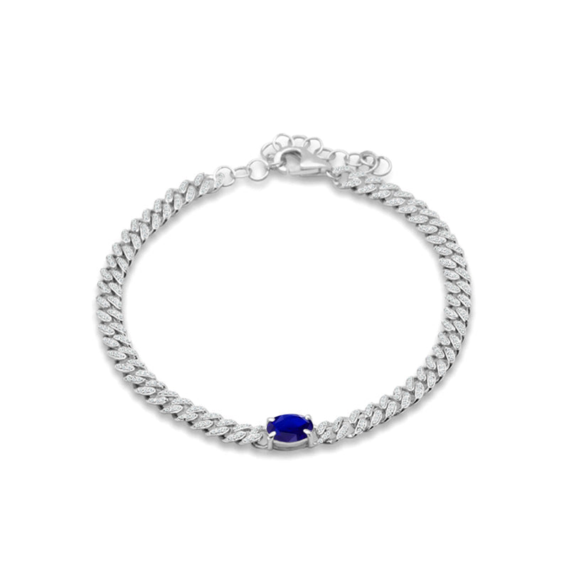 14K White Gold Oval Blue Sapphire Cluster Natural Diamond Cuban Link Chain Bracelet
