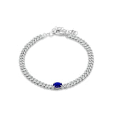 14K White Gold Oval Blue Sapphire Cluster Natural Diamond Cuban Link Chain Bracelet