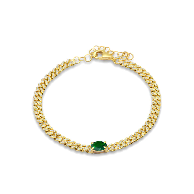 14K Yellow Gold Oval Green Emerald Cluster Natural Diamond Cuban Link Chain Bracelet