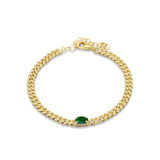 14K Yellow Gold Oval Green Emerald Cluster Natural Diamond Cuban Link Chain Bracelet