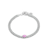 14K White Gold Oval Pink Sapphire Cluster Natural Diamond Cuban Link Chain Bracelet