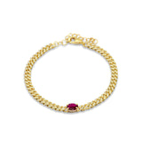 14K Yellow Gold Oval Ruby Cluster Natural Diamond Cuban Link Chain Bracelet