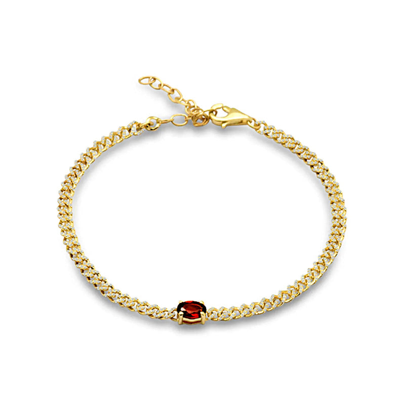 14K Gold Oval Garnet 4mm Link Chain Bracelet Round Natural Diamond