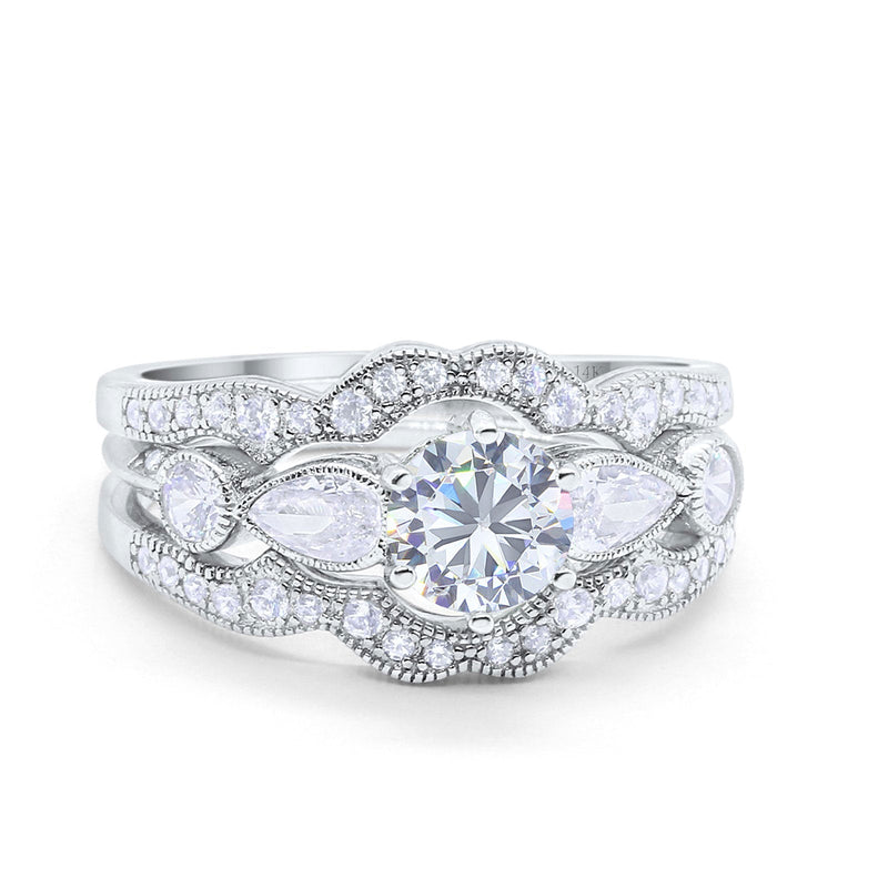 14K White Gold Three Piece Bridal Set Round Shape CZ Band Wedding Ring