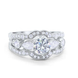 14K White Gold Three Piece Bridal Set Round Shape CZ Band Wedding Ring