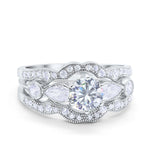 14K White Gold Three Piece Wedding Promise Bridal Set Round Shape Simulated CZ Band Engagement Ring