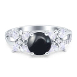 Art Deco Round Natural Black Onyx Flower Ring 925 Sterling Silver