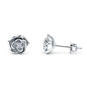 Rose Flower Stud Earrings 8.5mm Cubic Zirconia Solid 925 Sterling Silver