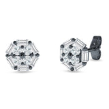 Hexagonal Stud Earring Baguette & Round Cubic Zirconia 925 Sterling Silver