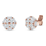 Hexagonal Stud Earring Baguette & Round Cubic Zirconia 925 Sterling Silver