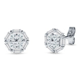 Hexagonal Stud Earring Baguette & Round Cubic Zirconia 925 Sterling Silver