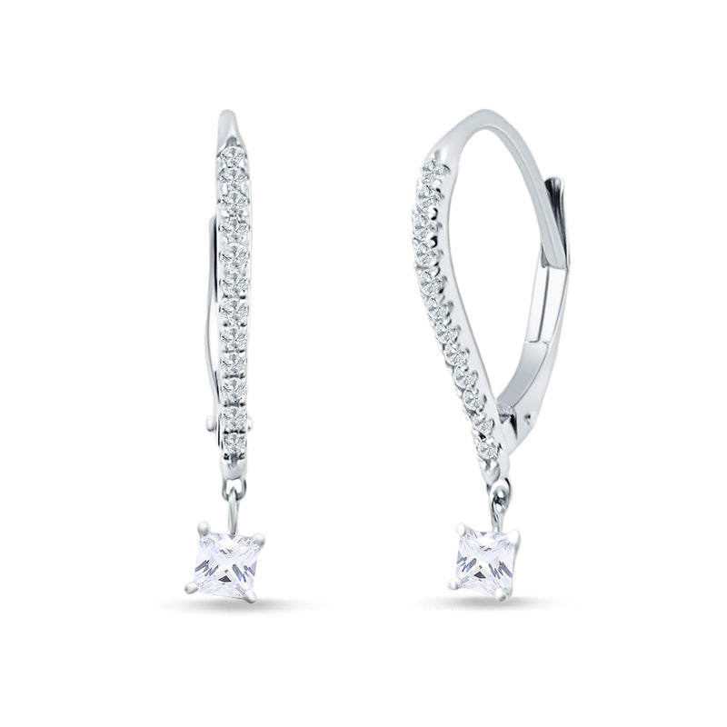 Dangle Drop Round & Princess Cut CZ Hoop Leverback Earrings 925 Sterling Silver