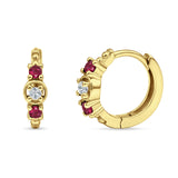 Minimalist 12mm Round CZ & Ruby CZ Trio Hoop Earrings 925 Sterling Silver