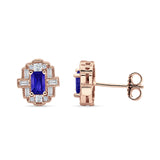Floral 10.3mm Multistone Stud Earrings Blue Sapphire CZ 925 Sterling Silver