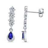 Dangle Drop Pear Stud Earrings Blue Sapphire CZ 925 Sterling Silver