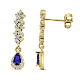 Dangle Drop Pear Stud Earrings Blue Sapphire CZ 925 Sterling Silver