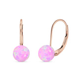Round 8mm Lab Created Pink Opal Leverback Earrings 925 Sterling Silver