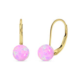 Round 8mm Lab Created Pink Opal Leverback Earrings 925 Sterling Silver
