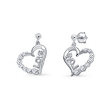 Dangle Heart Love Stud Earrings Cubic Zirconia 925 Sterling Silver