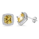 Minimalist 11mm Cushion Cut Yellow Topaz CZ Halo Stud Earrings 925 Sterling Silver