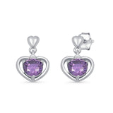 Dangle Drop Heart Stud Earrings Amethyst CZ 925 Sterling Silver