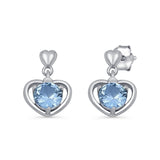 Dangle Drop Heart Stud Earrings Aquamarine CZ 925 Sterling Silver