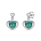 Dangle Drop Heart Stud Earrings Green Emerald CZ 925 Sterling Silver