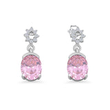 Oval Pink CZ Dangle Drop Floral Stud Earrings 925 Sterling Silver