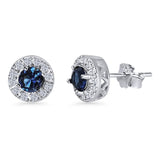 Minimalist 8mm Round Stud Earring Halo Blue Sapphire CZ 925 Sterling Silver