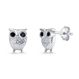 Minimalist 6mm Owl Stud Earrings Black CZ 925 Sterling Silver