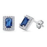 Halo Rectangle Stud Earrings Emerald Cut Blue Sapphire CZ 925 Sterling Silver