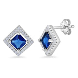 Square Stud Earrings 11mm Cubic Zirconia & Blue Sapphire CZ  925 Sterling Silver