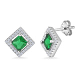 Square Stud Earrings 11mm Cubic Zirconia & Green Emerald CZ  925 Sterling Silver