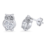Minimalist 8mm Owl Stud Earrings Cubic Zirconia 925 Sterling Silver