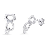 Minimalist 13mm Filigree Cat Stud Earrings Cubic Zirconia 925 Sterling Silver