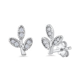 Minimalist 8mm Branch Leaves Stud Earrings Cubic Zirconia 925 Sterling Silver