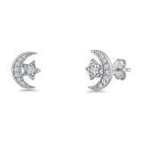 Minimalist 9.5mm Moon & Star Stud Earrings Cubic Zirconia 925 Sterling Silver