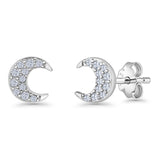 Crescent Moon Stud Earrings Cluster Cubic Zirconia 925 Sterling Silver