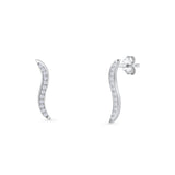 Minimalist 17mm Wave Bar Stud Earrings Cubic Zirconia 925 Sterling Silver