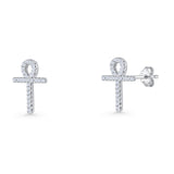 Minimalist 13.9mm Ankh Cross Stud Earrings Cubic Zirconia 925 Sterling Silver