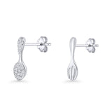 Petite Dainty Spoon & Fork Stud Earrings Cubic Zirconia 925 Sterling Silver