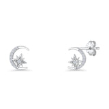 Vintage Style 10.1mm Moon & Star Stud Earrings Cubic Zirconia 925 Sterling Silver