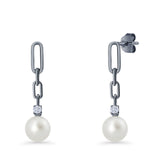 Round Cubic Zirconia & Pearl Paperclip Stud Earrings 925 Sterling Silver