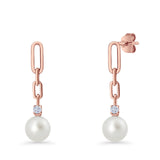 Round Cubic Zirconia & Pearl Paperclip Stud Earrings 925 Sterling Silver