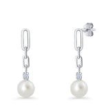 Round Cubic Zirconia & Pearl Paperclip Stud Earrings 925 Sterling Silver