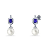 Emerald Cut Blue Cubic Zirconia & Pearl Charm Stud Earrings 925 Sterling Silver