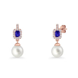 Emerald Cut Blue Cubic Zirconia & Pearl Charm Stud Earrings 925 Sterling Silver